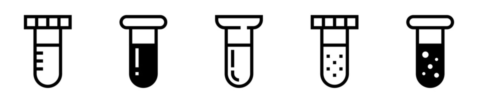 Conjunto de iconos de tubos de ensayo. Experimentaci&oacute;n, an&aacute;lisis, qu&iacute;mica, investigaci&oacute;n cient&iacute;fica y laboratorio. Ilustraci&oacute;n vectorial