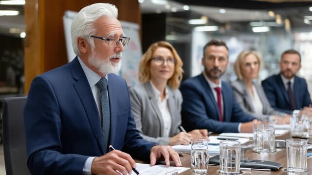 Boardroom Harmony: A seasoned leader, in a professional setting, spearheads a productive discussion among his team, a harmonious blend of experience, and fresh perspectives. 