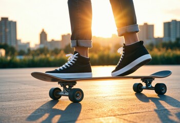 Obraz premium Skater surfs a sunset street on a longboard with bold, stylish stance