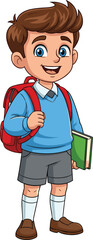 Cartoon schoolboy with backpack and book, smiling student in school uniform, education learning concept, happy child character, vector illustration