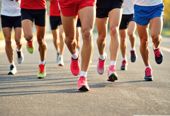 Runners in colorful athletic gear sprint on a sunlit track
