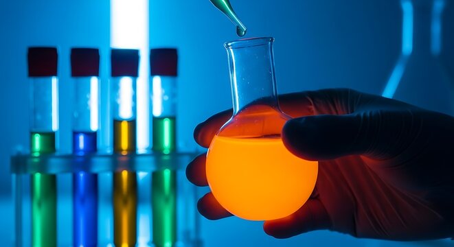 Scientist carefully adds liquid to a glowing orange flask in a laboratory setting with test tubes in the background illuminated by blue light