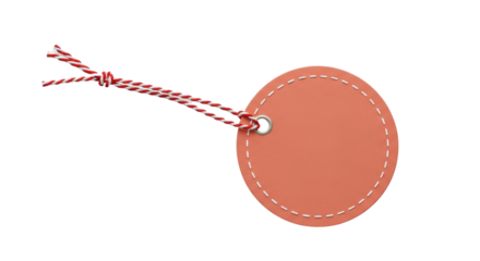 Isolated peach round tag with rope, string, label, craft, gift, tied, simple, elegant