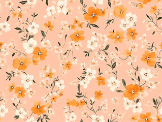 Two images showing a seamless repeating pattern of small, stylized flowers on a soft coral pink background, creating a delicate, cheerful, and whimsical motif.