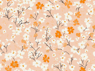 Two images showing a seamless repeating pattern of small, stylized flowers on a soft coral pink background, creating a delicate, cheerful, and whimsical motif.