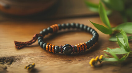 A natural beaded bracelet with woven accents and a central stone rests on a wooden surface. Jewelry close up with green leaves.