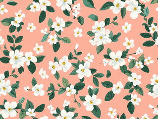 Two images showing a seamless repeating pattern of small, stylized flowers on a soft coral pink background, creating a delicate, cheerful, and whimsical motif.