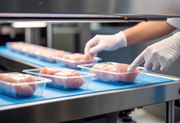 Food processing line with transparent packaging and gloves