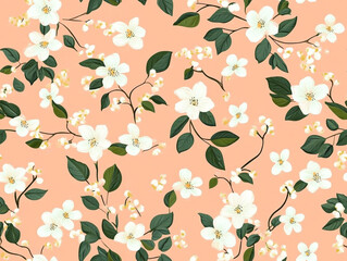 Two images showing a seamless repeating pattern of small, stylized flowers on a soft coral pink background, creating a delicate, cheerful, and whimsical motif.
