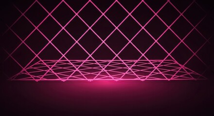 Illuminated geometric structure featuring a grid pattern, showcased in a dark and minimalist  environment, creating a striking visual contrast with neon pink lines and a reflective surface that...