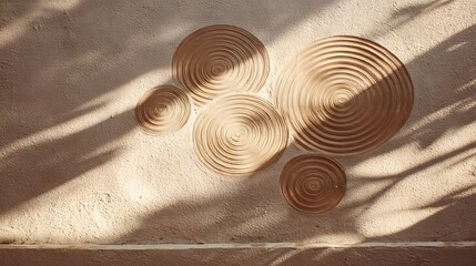 Decorative circular wall art creates visual interest with its concentric rings and textured surface, bathed in natural light that casts dramatic shadows on the rough textured wall, adding depth and...