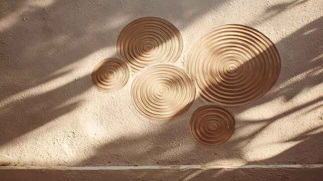 Decorative circular wall art creates visual interest with its concentric rings and textured surface, bathed in natural light that casts dramatic shadows on the rough textured wall, adding depth and...