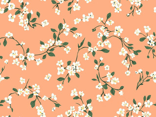 Two images showing a seamless repeating pattern of small, stylized flowers on a soft coral pink background, creating a delicate, cheerful, and whimsical motif.