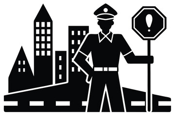 Black and White Illustration of a Police Officer Holding an Exclamation Sign