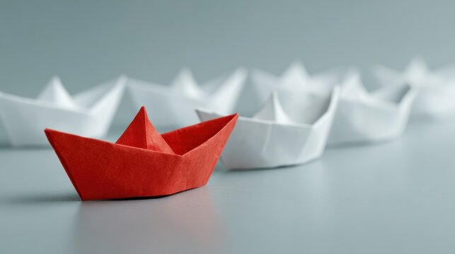 Red paper boat leads white origami boats on smooth surface