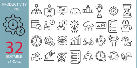 Productivity icon set. Containing efficiency, task, focus, multitasking, workflow, growth, routine, project management, automation and productive. Vector solid symbol collection.