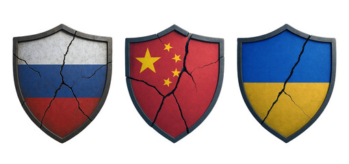 AI generated illustration of cracked shields featuring Russia, China, and Ukraine flags, symbolizing geopolitical conflict, war, and fragile international relations. PNG format.