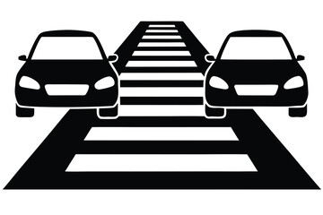 Black and White Illustration of Cars Approaching a Zebra Crossing