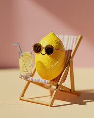 Lemon Relaxing on Beach Chair Minimal 3D Illustration Studio Background Cheerful Concept