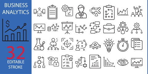 Business Analysis - Thin line vector icon set. Pixel perfect. Editable stroke. For Mobile and Web. The set contains icons: Analyzing, Data, Big Data, Research, Examining, Chart, Diagram, Expertise.