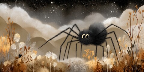 Cartoon Spider in Witchy Background Surrounded by Cream Tones and Eerie Atmosphere