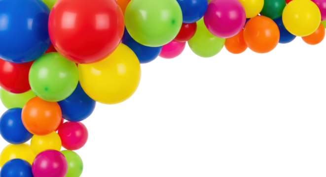 Isolated colorful balloons floating at the top and side of a frame against a bright backdrop
