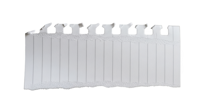 Ripped lined notebook paper sheet with perforated edge texture isolated on transparent background