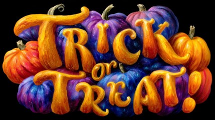 Colorful Candy-Shaped Pumpkins Forming the Words Trick or Treat with Glittery Background