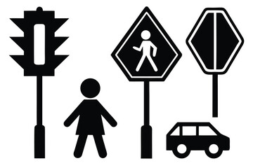 Black and White Illustration of Traffic Signs, a Traffic Light, a Car, and a Pedestrian