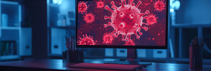 Computer screen infected with a virus, glitching with red warning symbols and distorted data