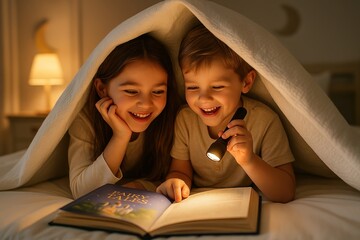 Cozy Reading Adventure: Two children engrossed in a book under a blanket, illuminated by a flashlight in a scene of shared storytelling and nighttime magic.