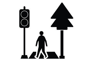 Black and White Illustration Pedestrian Crossing, Traffic Light, and Fir Tree Sign