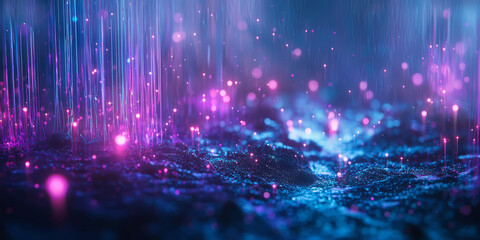 Futuristic digital landscape with glowing strands of fiber optics, electric currents flowing through blue and purple filaments