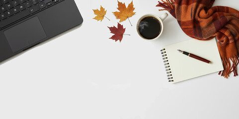 Minimalist Soft Autumn Feminine White Desk Wide Flatlay with laptop and blank negative space