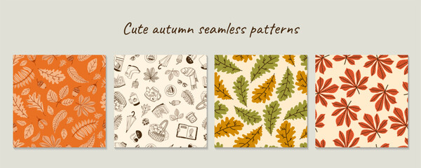 Set with cute autumn seamless patterns with cozy elements. Nature prints. For postcards, packaging, fabric prints. Color and line style.