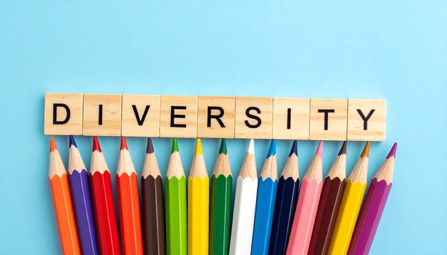Diverse pencils supporting the word diversity on a blue background - Powered by Adobe