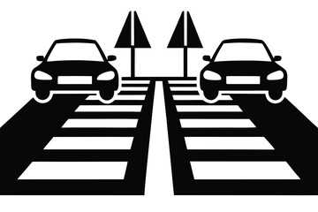 Black and White Illustration Two Cars Approaching Zebra Crossing With Triangular Traffic Signs