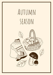 Autumn poster design with cute hand drawn illustrations: Cozy sweater, apple harvest, mushrooms. For your project of seasonal coziness. 