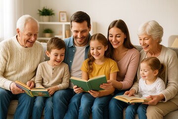 Reading Together: Three generations of a loving family are gathered to share the magic of books, with laughter and warmth filling the cozy scene, creating memories together.