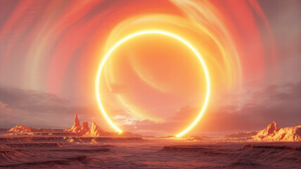 Futuristic glowing energy ring rising above surreal desert landscape