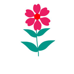 Stylized Pink flower with green leaves and red centre  handr-drawn illustration art