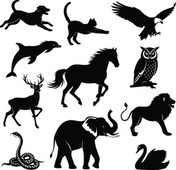 dog, cat, eagle, dolphin, horse, owl, deer, lion, snake, elephant, swan, animal, wildlife, nature, silhouette, bird, mammal, reptile, pet, wild