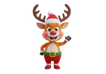 Fototapeta premium Merry christmas reindeer character wearing santa hat and festive outfit waving hello isolated on white background