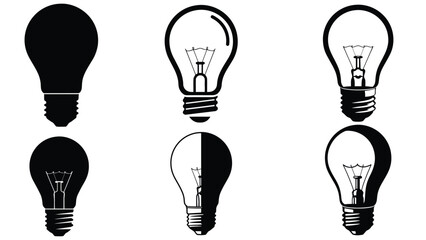 Set of Black and White Light Bulb Icons in Different Styles Representing Creativity, Innovation, Knowledge and Business Ideas – Modern Silhouette Vector Illustration