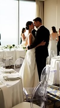 Young happy couple dancing and smiling at elegant wedding reception with guests and floral decor