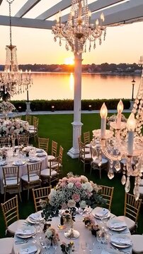 Elegant outdoor wedding reception with chandeliers overlooking river at sunset