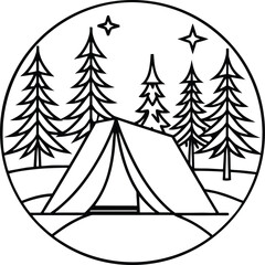 Monochromatic camping scene with a tent and pine trees isolated on white background isolated on transparent background