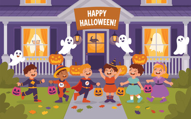 Children in costumes trick or treating at a purple house