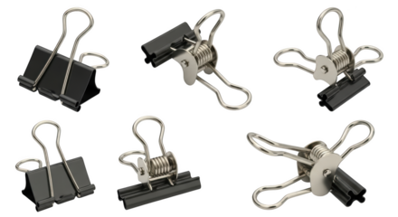 Six binder clips in various orientations showing mechanisms isolated on transparent background
