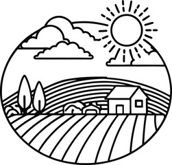 Naklejka premium Stylized countryside farm field with sun and clouds in a simple line art style isolated on white background isolated on transparent background